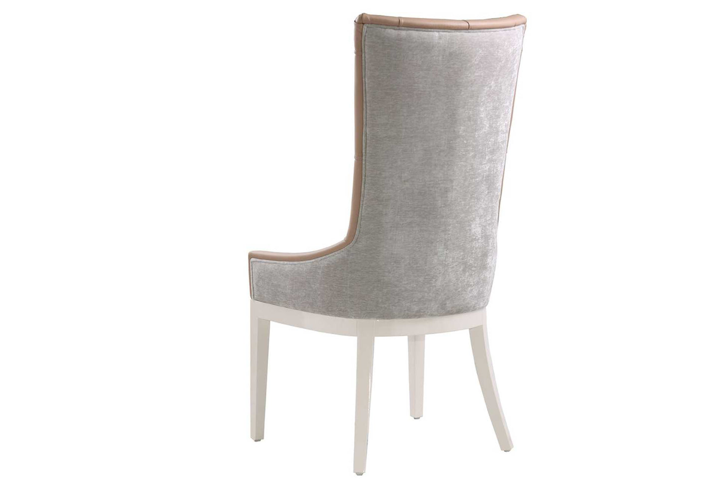 High-back dining chair with fabric back and leather front and deep button detailing