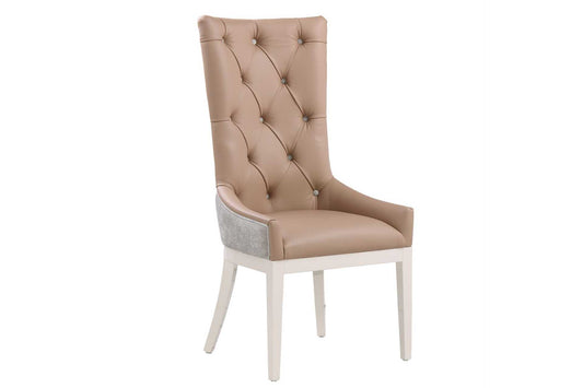 High back dining chair with leather front and fabric back
