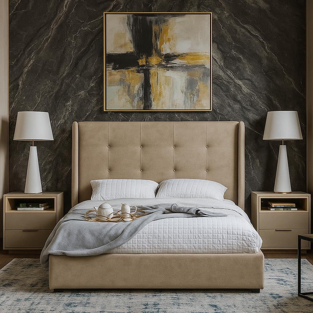 Headboard and base bed set with storage under the mattress.