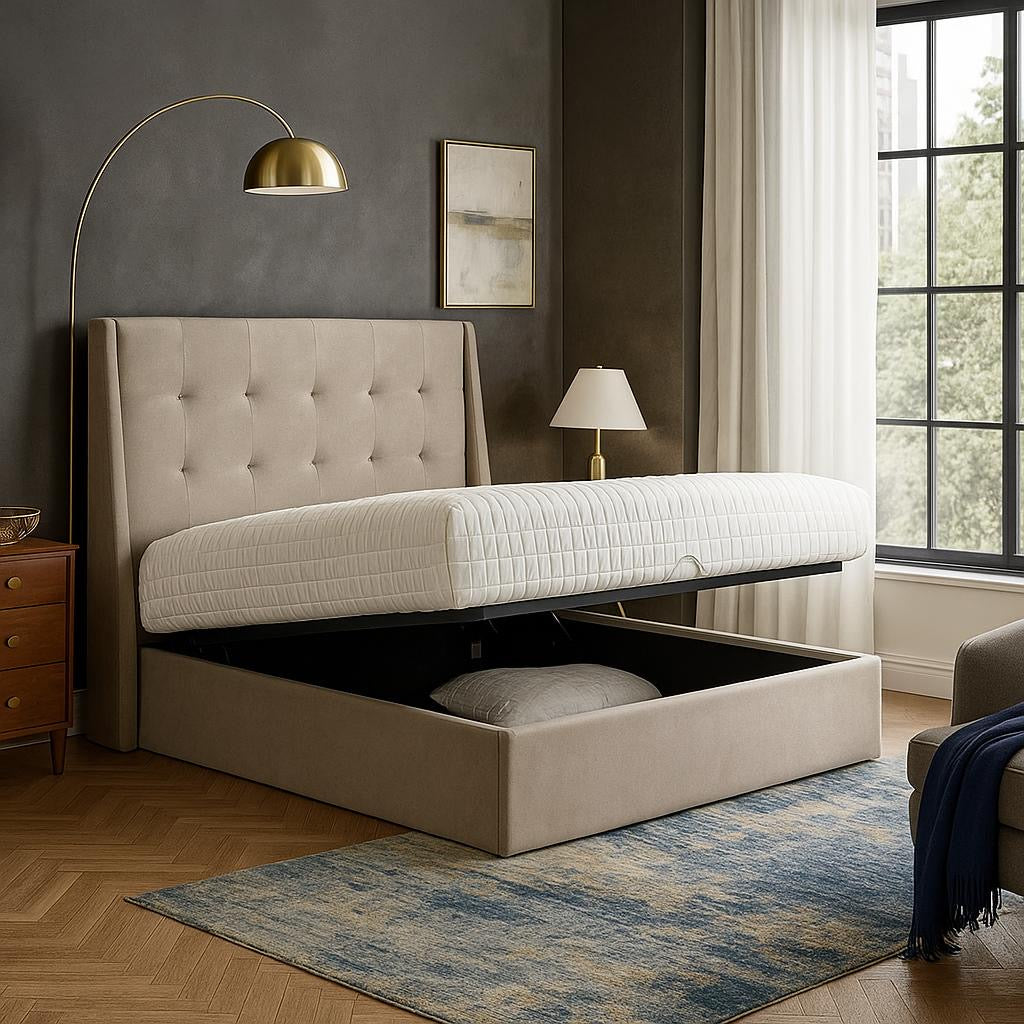 Headboard and base bed set with storage under the mattress. Available in 3 colour options.
