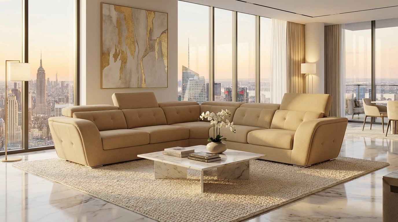 Beige corner couch with adjustable headrests