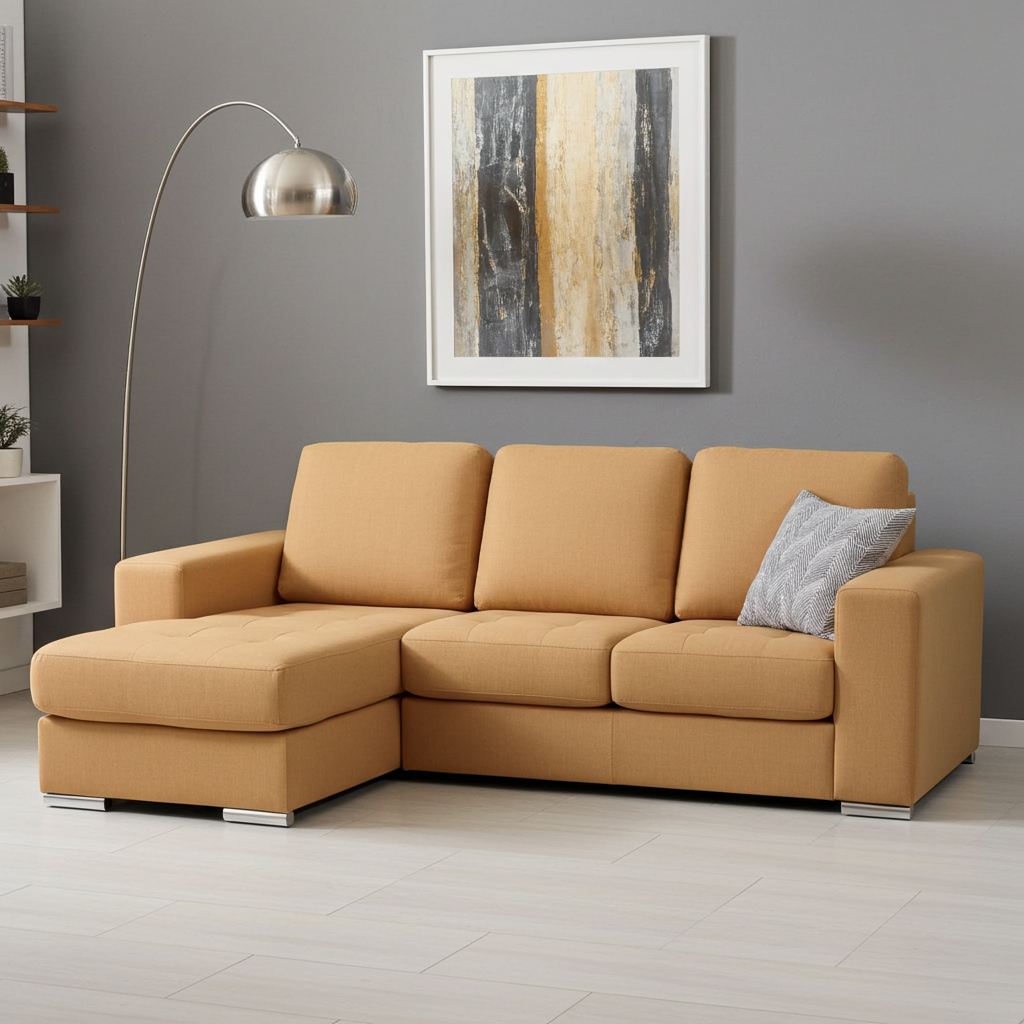 Amy 3 seater L-shape fabric couch with chrome feet.
