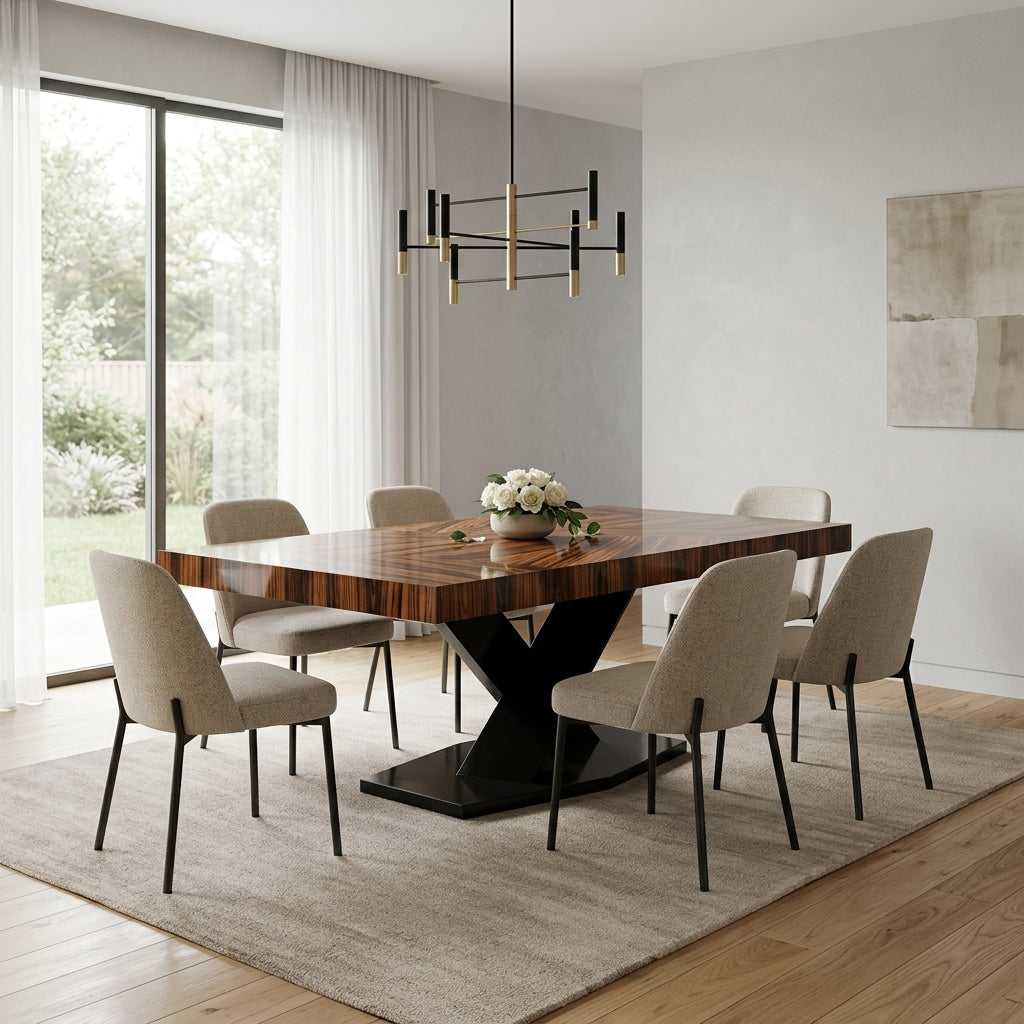 Luxury wood 8 seater table with black criss-cross legs. GALERIA FURNITURE SA