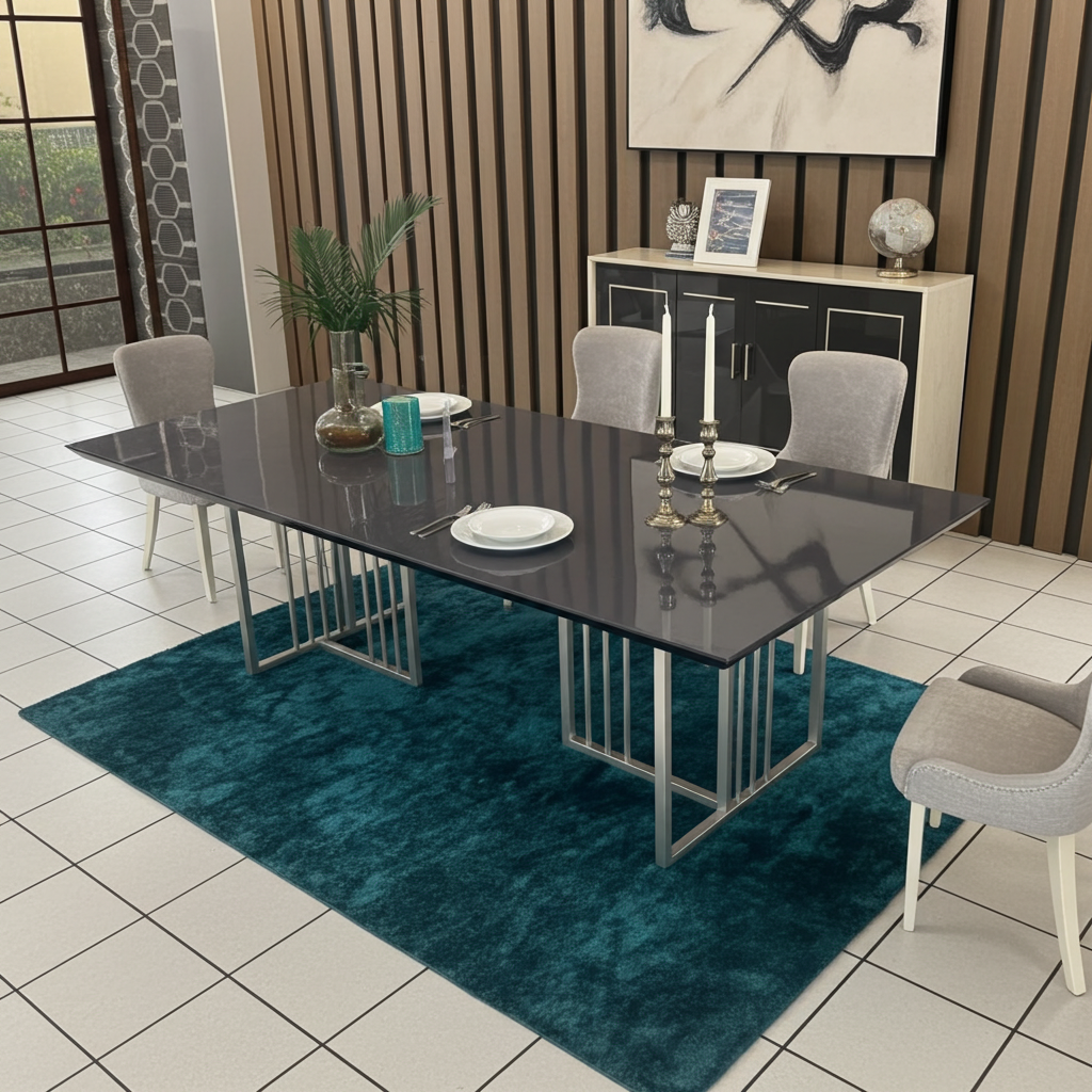Thick grey wood gloss table top with silver steel legs.
