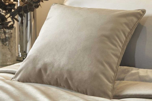 Taupe velvet scatter in a 60x60 size, with feather inners and elegant piping detail.