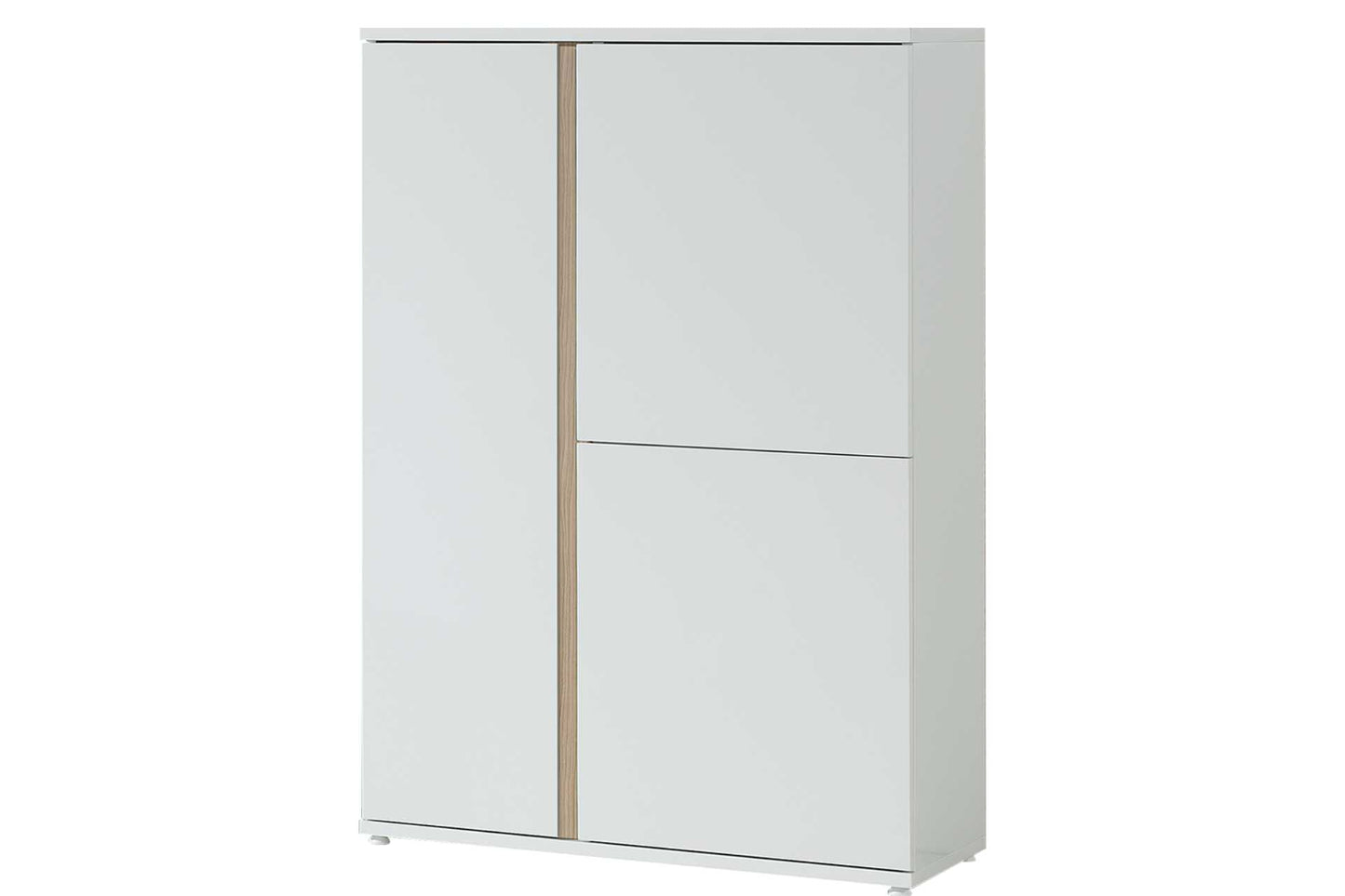 White and light oak wood cabinet. Floor standing cabinet with 3 doors.