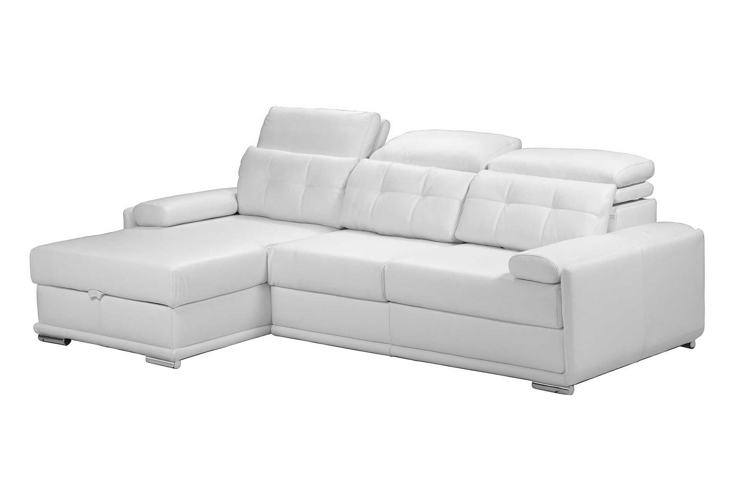 white leather l-shape couch with adjustable headrests and a hidden storage trunk under the daybed. Made in Europe. Galeria Furniture South Africa nationwide delivery