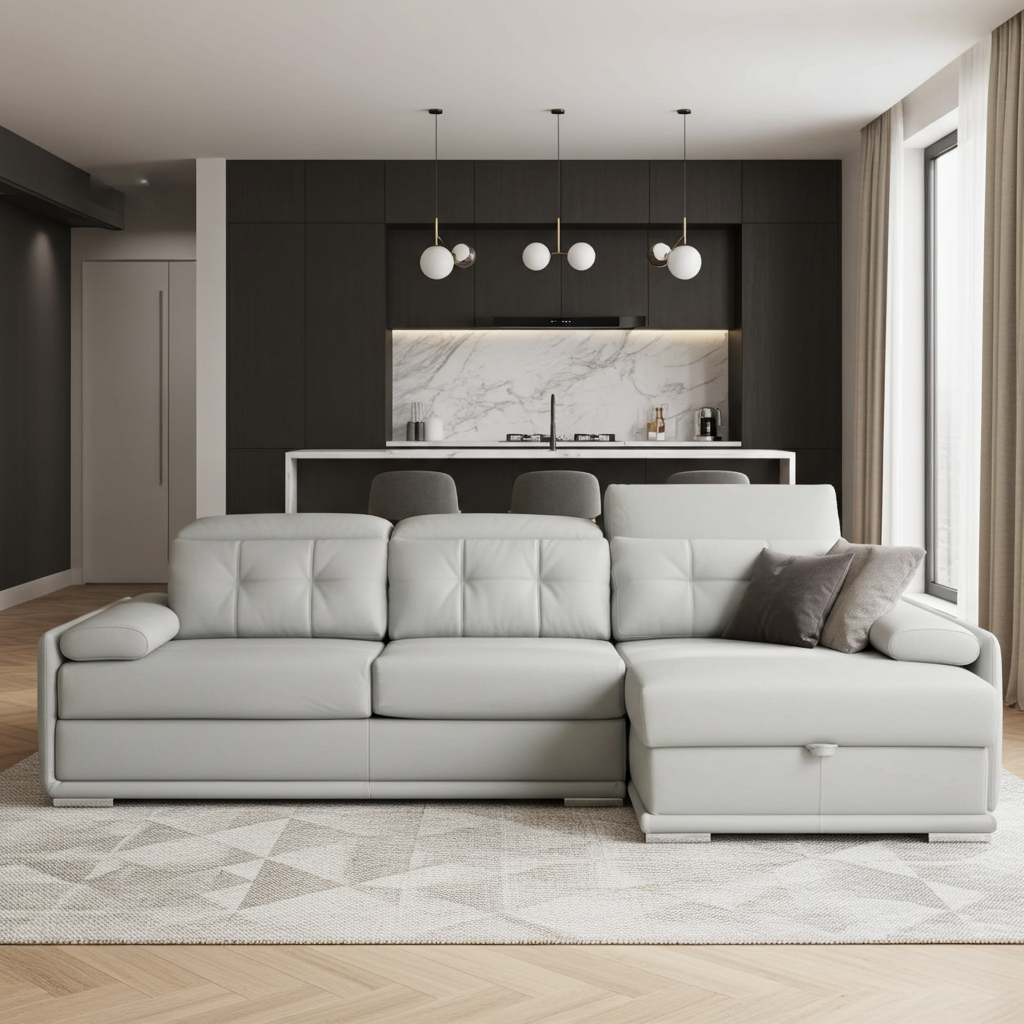 L-shape leather sofa with storage and adjustable headrests