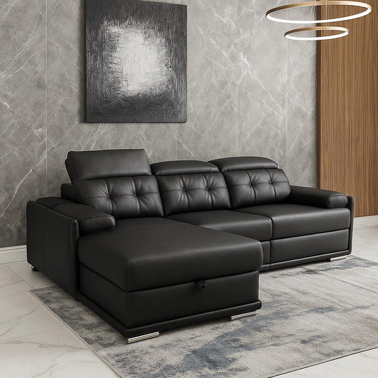 Black leather L-shape couch with adjustable headrests and storage trunk under the daybed.