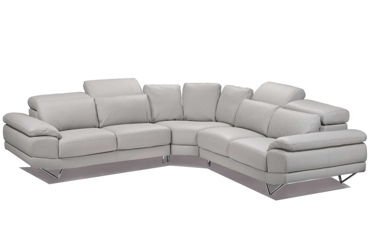 Light grey leather corner couch with adjustable headrests and extra padded back cushions for superior comfort.