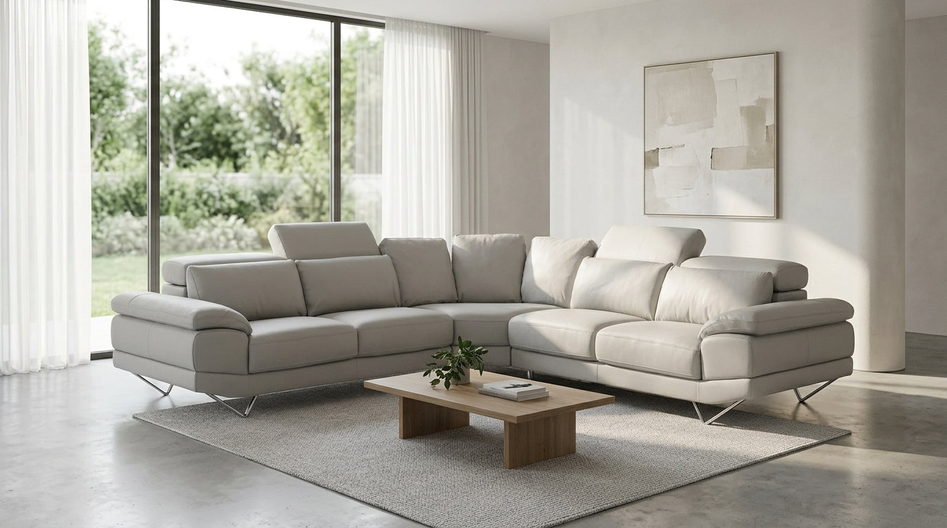 Luxury light grey leather corner couch , adjustable headrests. Galeria Furniture South Africa. Nationwide Delivery