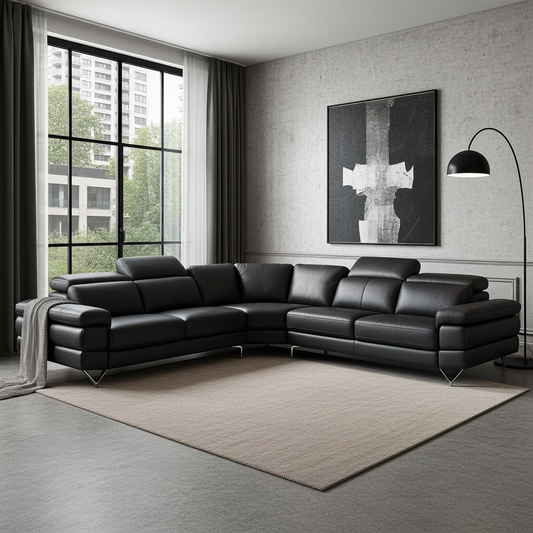 Large black leather corner couch with adjustable headrests and chrome feet