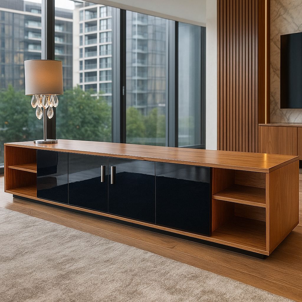 light wood and gloss black doors, this tv stand offers ample storage and a stylish design