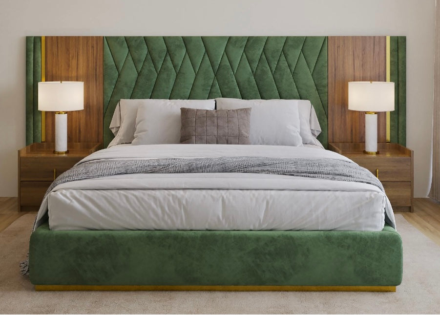 Luxury emerald sleigh bed with wood and fabric detailing and gold strip design.