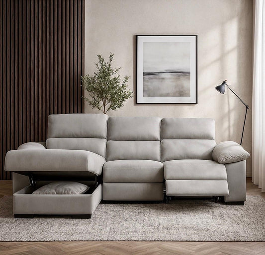 L shape recliner sofa with storage and adjustable headrests.