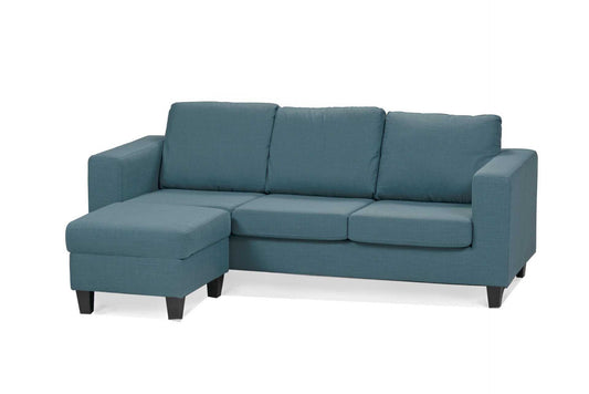 Blue fabric 3 seater sofa with movable ottoman, handmade in Europe.