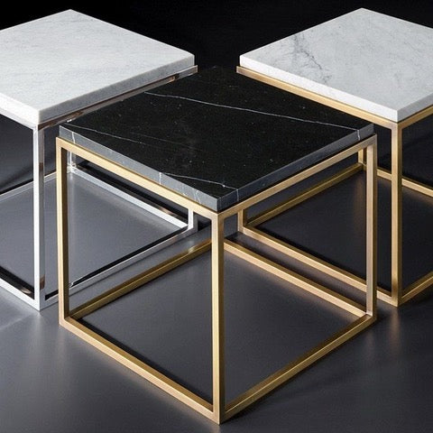 Marble stone top side table with metal legs. Sqaure shaped stone top side table with gold metal legs. Black stone top side table. White stone top side table.