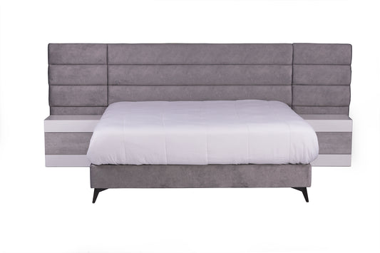 Grey Fabric sleigh bed. Headboard and base bed set including two matching bedside tables.