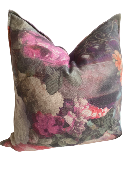 line and velvet floral scatter cushion with feather inner