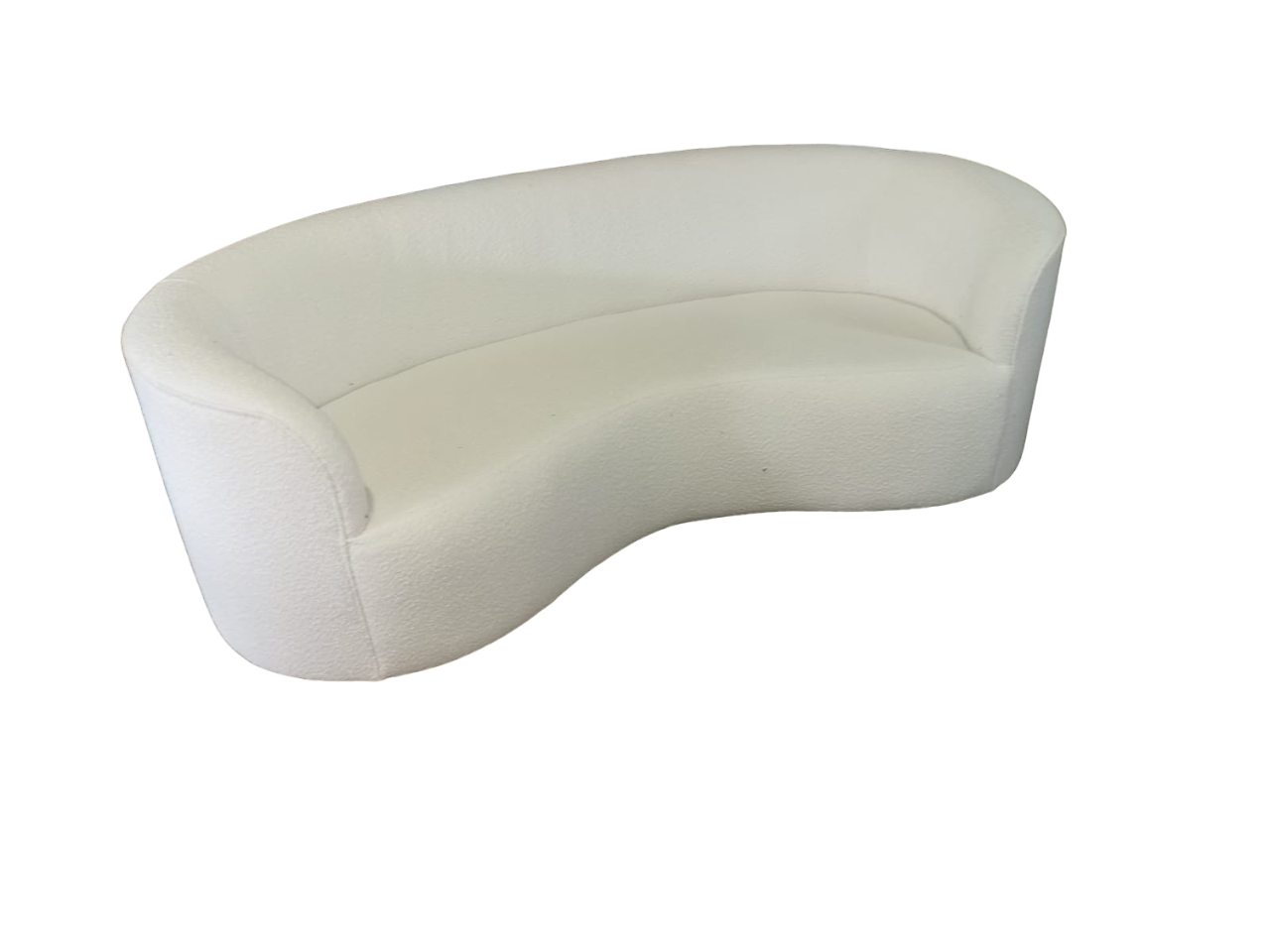 Custom made curve couch in white boucle fabric. Can be made in any fabric or leather.