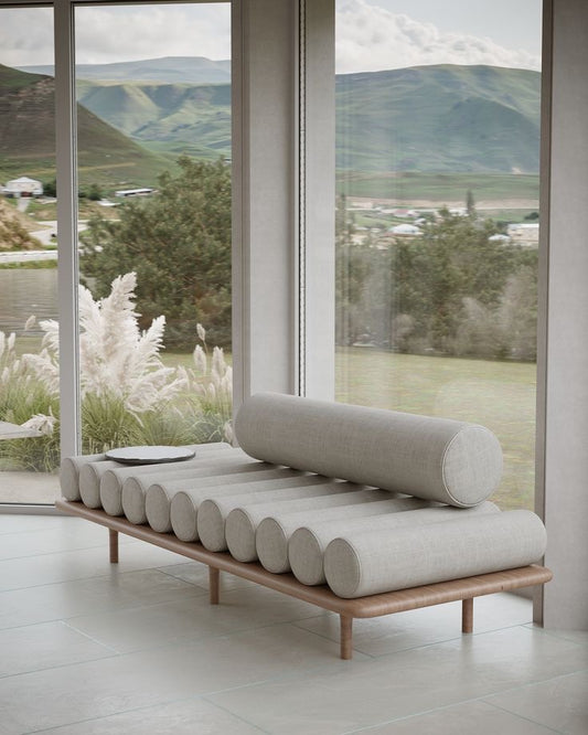 Roller cushion daybed ottoman with oak wood frame and legs