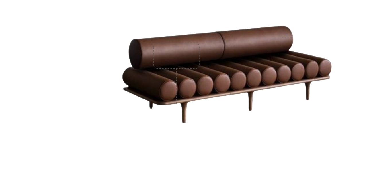 Leather ottoman bench with roller cushions and oak wood frame and legs.