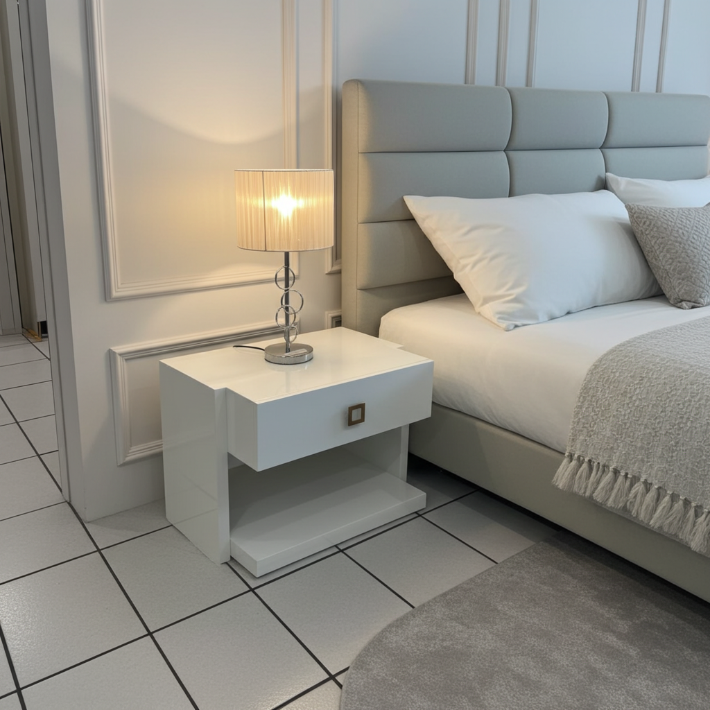 Luxury bedside table with drawers, in gloss white wood