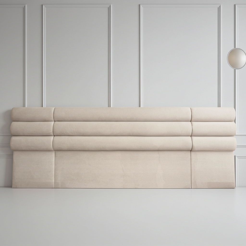 Extra width headboard in luxury pearl fabric. Headboard for xl king beds