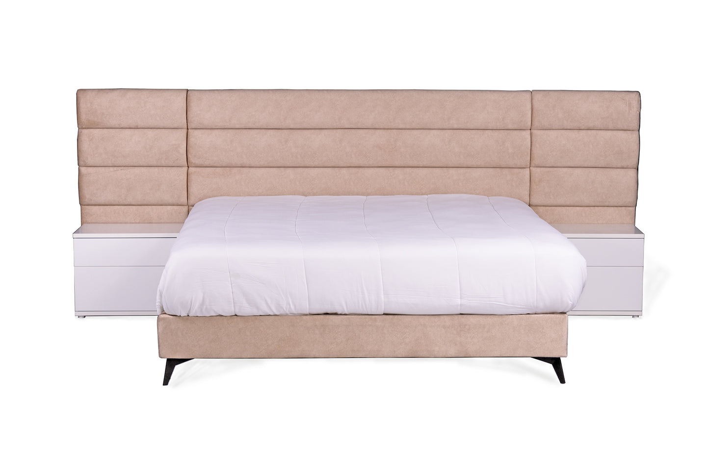 Upholstered sleigh bed in beige velvet. White wood pedestals are included in price.