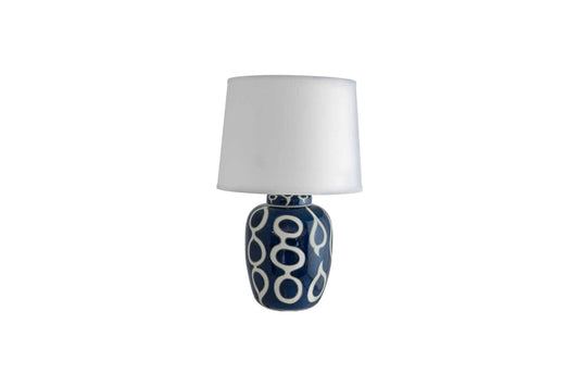 large table lamp in azure blue ceramic base and  white shade 