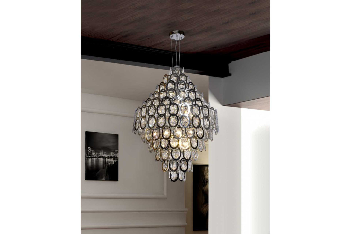 crystal chandelier with oval shaped rings in silver.