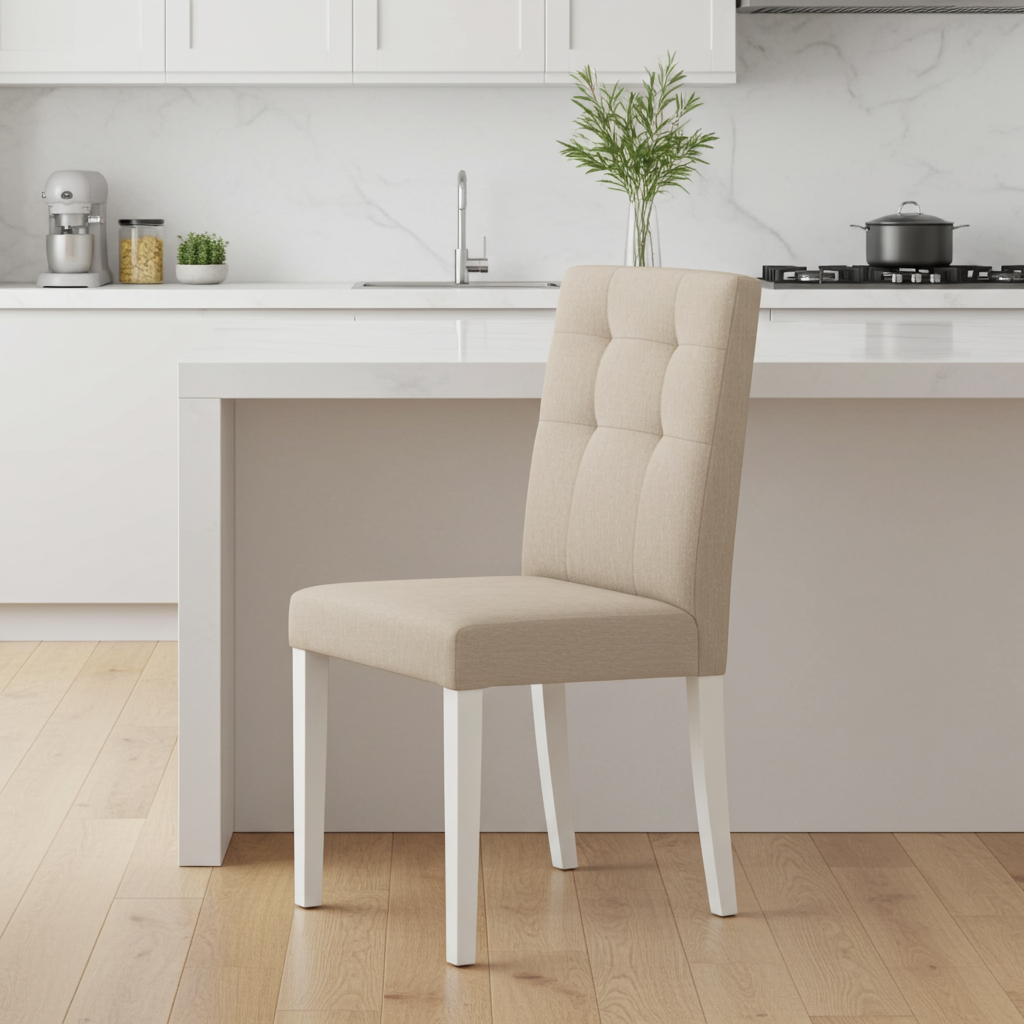 beige fabric dining chair with white wooden legs. superior comfort.