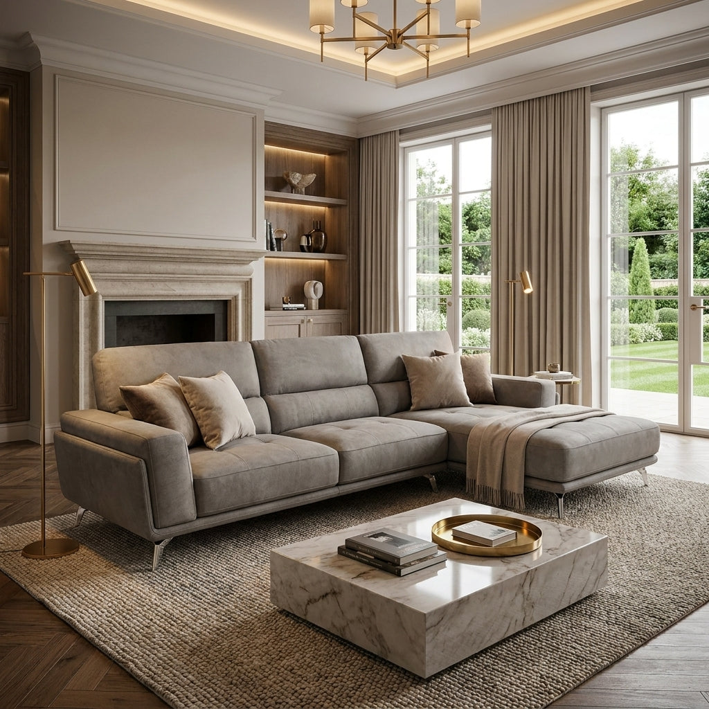 A grey fabric luxury L-shape couch, handmade in Europe and sold exclusively at Galeria Furniture.