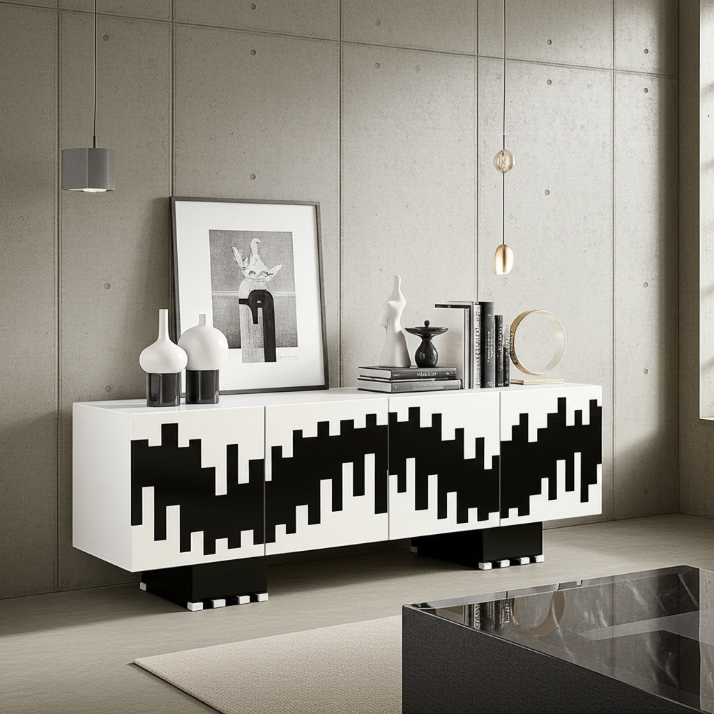 A luxury designer cabinet or sideboard in black and white
