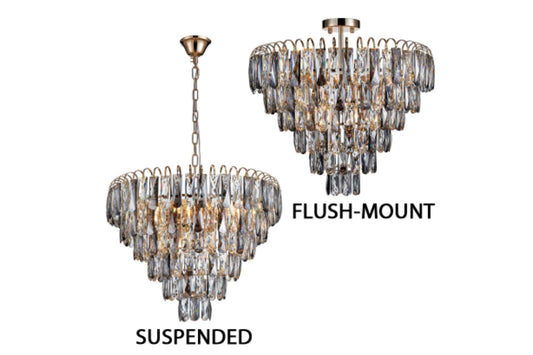 Monaco crystal chandeliers with gold brass detailing. This crystal chandelier can be mounted as a ceiling light or low hung as a chandelier.