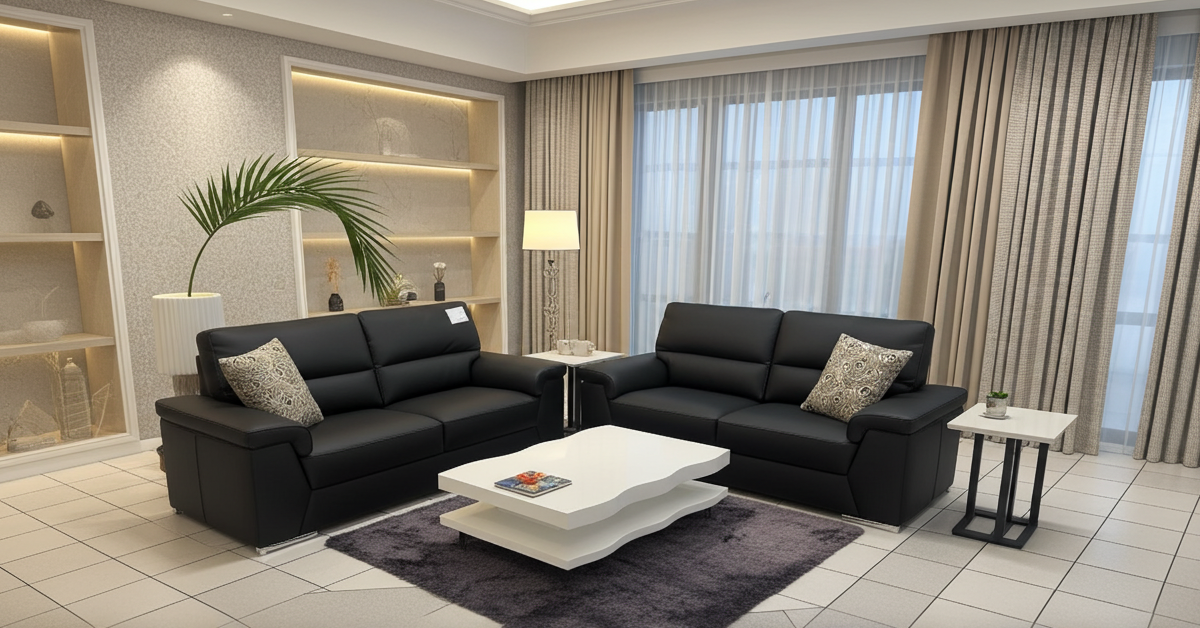 Modern 2+3 seater couch set in full black leather and chrome feet.