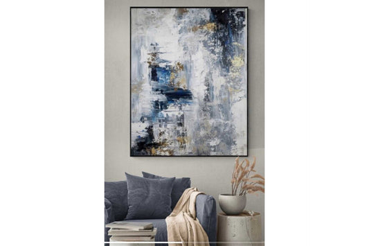 Blue abstract modern art framed with glass