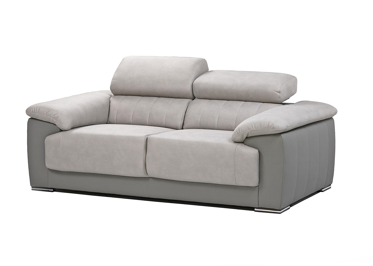 2 Seater couch with adjustable headrests, in two-tone grey fabric.