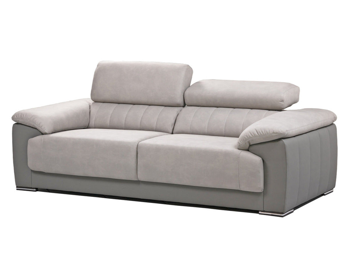 3 Seater couch with adjustable headrests in a light and dark grey easy clean fabric.