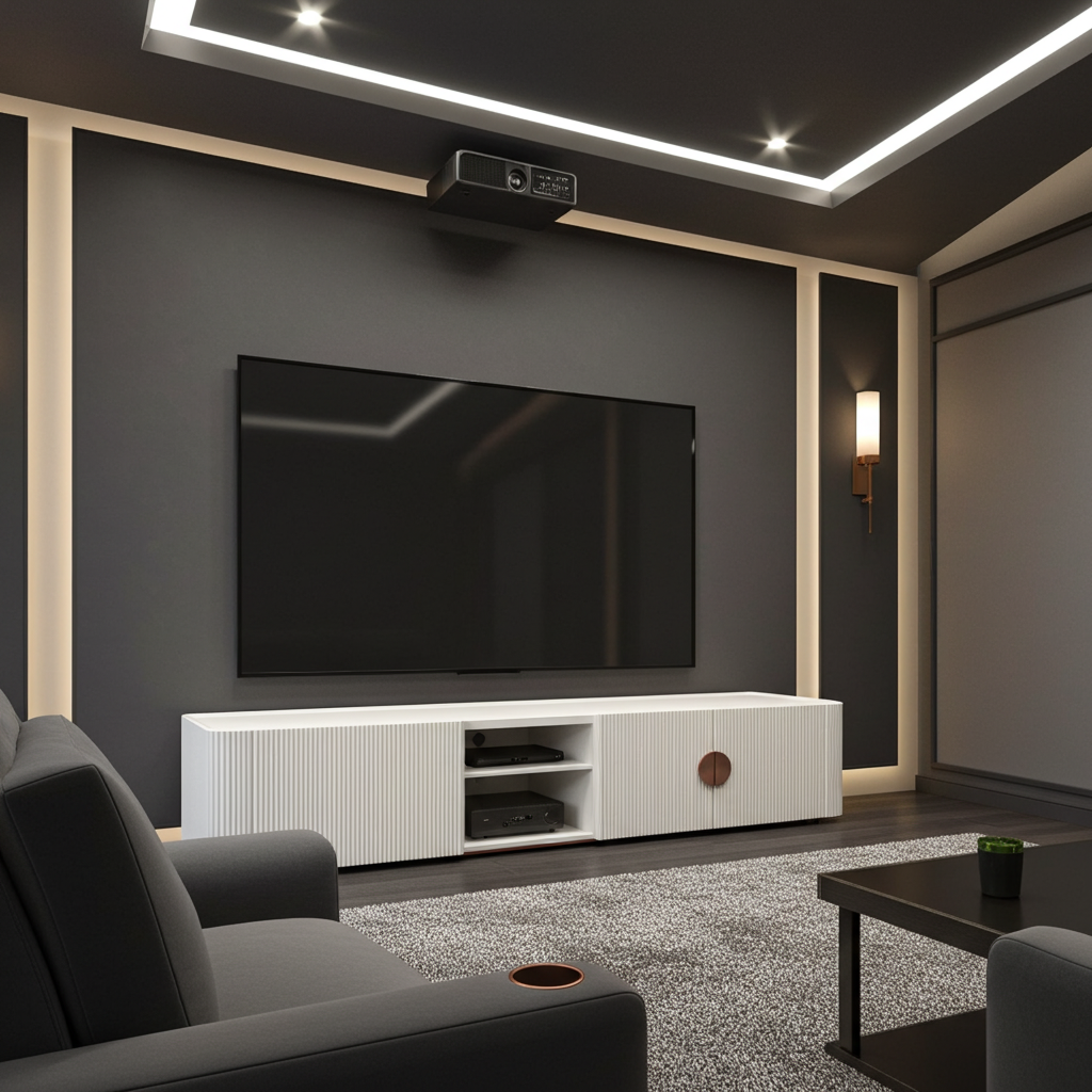 Modern designer TV stand in white wood with gold accents