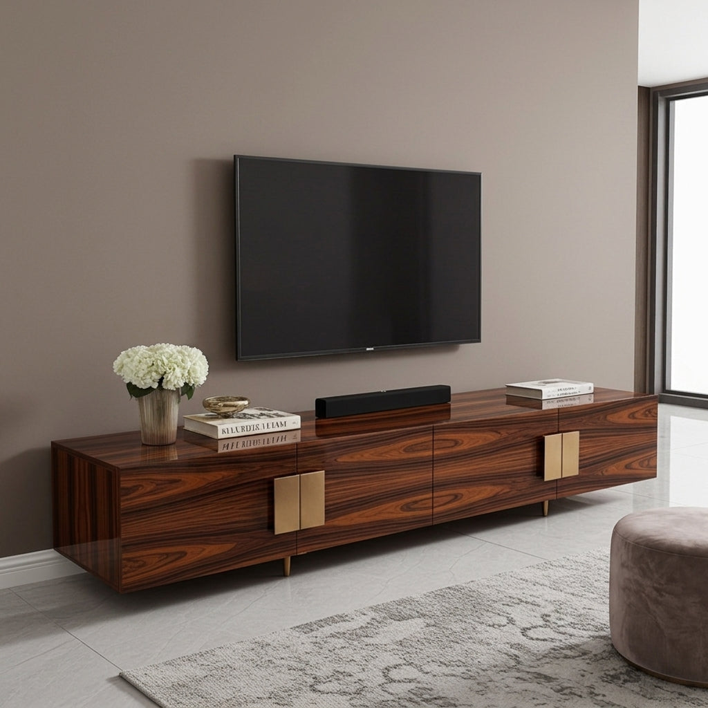 luxury tv stand with gold brass handles and feet. European made furniture. Galeria Furniture South Africa. delivery nationwide.