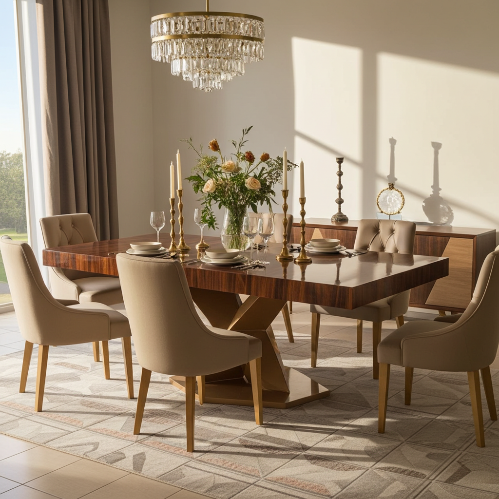 Luxury wood dining table with gold criss-cross legs.