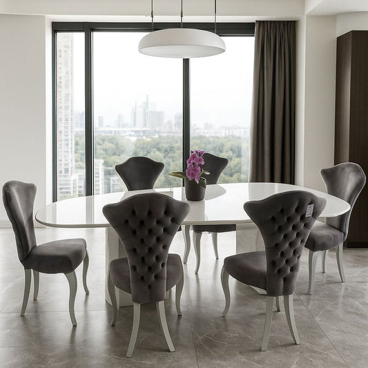 uniquely shaped dining table in white gloss wood and with 3 legs
