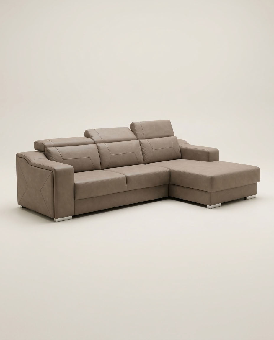 Luxury brown fabric sofa + adjustable headrests + storage trunk under daybed. GALERIA FURNITURE SA