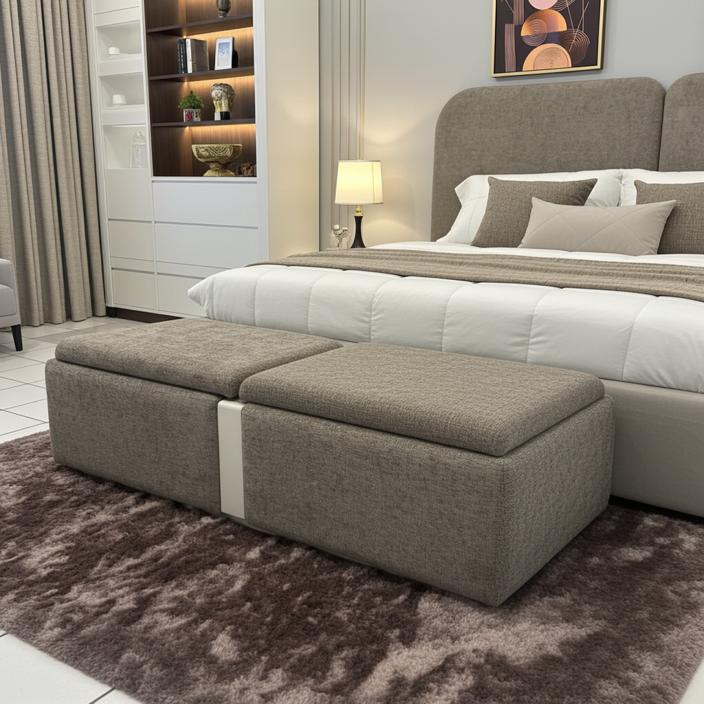 Bedroom ottoman with storage, chrome metallic strip design