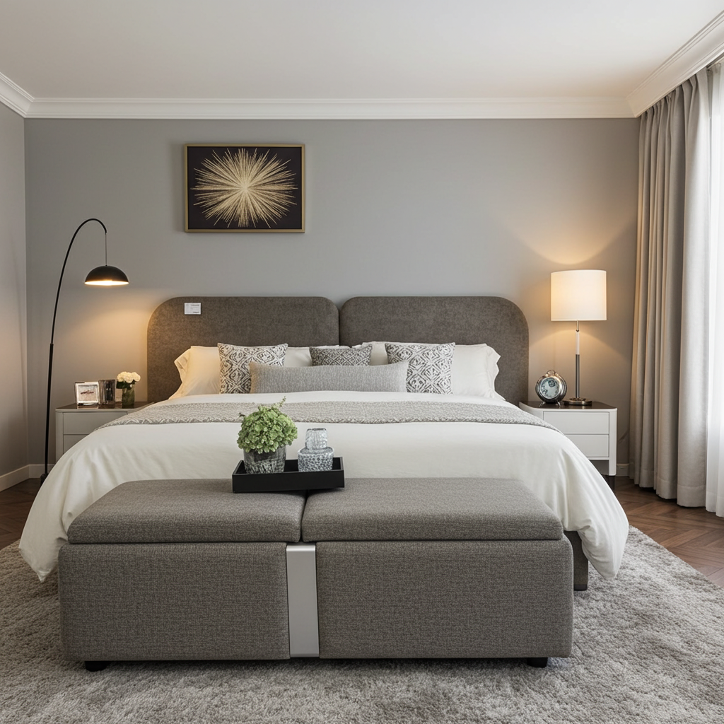headboard and base set with storage ottoman upholstered in luxury stone fabric