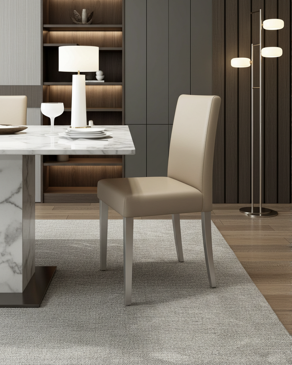 Luxury dining chair European crafted, with silver wooden legs and beige leather.
