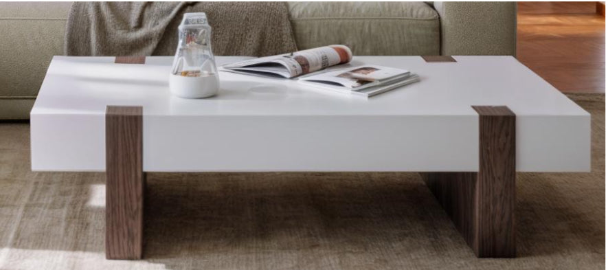 rectangular coffee table in white and walnut wood