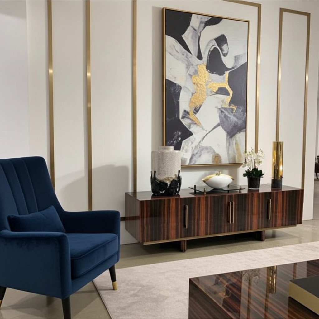 Luxury sideboard in luxury wood and gold steel detailing