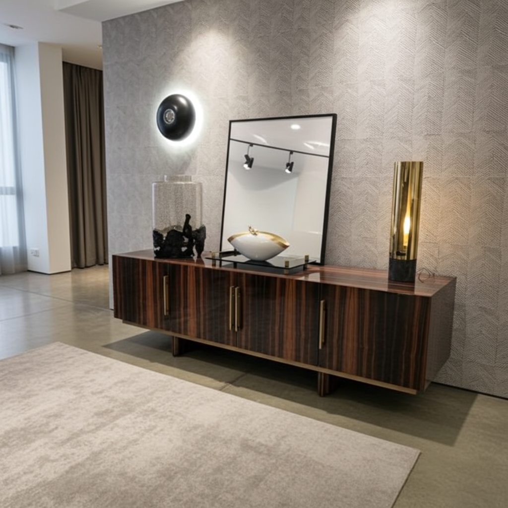 Luxury cabinet in a luxury wood finish and gold steel accents